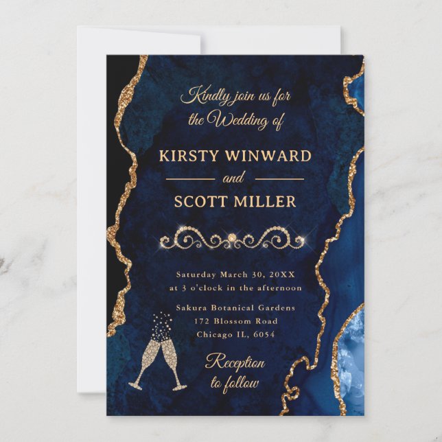Invitación Purpurina azul y oro Agate y Boda de mármol (Anverso)