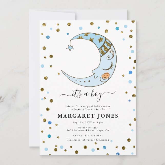Invitación Purpurina azul y oro Confetti Moon Baby Shower (Anverso)
