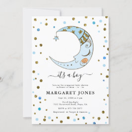 Invitación Purpurina azul y oro Confetti Moon Baby Shower