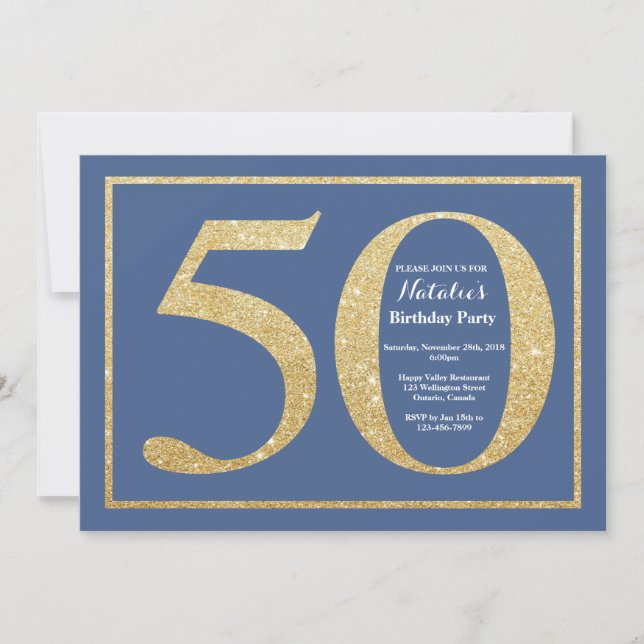 Invitación Purpurina Azul y Oro de cumpleaños número 50 (Anverso)