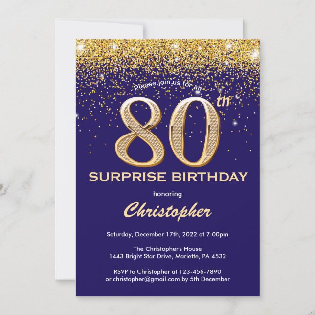 Invitación Purpurina azul y oro de la marina de cumpleaños nú (Anverso)