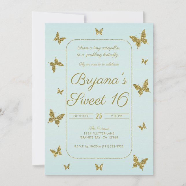 Invitación Purpurina azul y oro Mariposa dulce 16 Fiesta (Anverso)