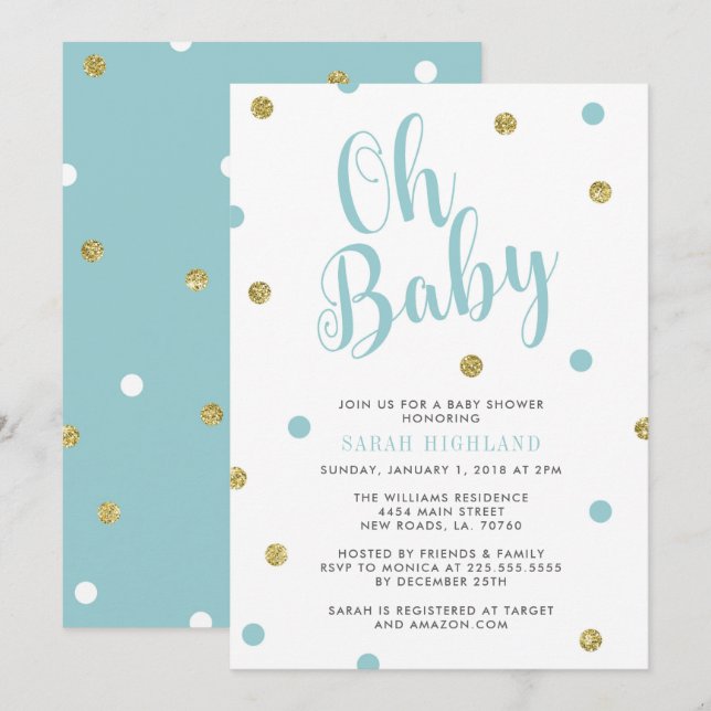 Invitación Purpurina azul y oro Oh Baby Shower (Anverso / Reverso)