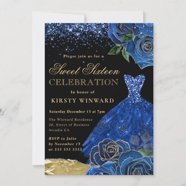 Invitación Purpurina azul y oro Vestidos Rosas Glam Dulce 16 (Anverso)