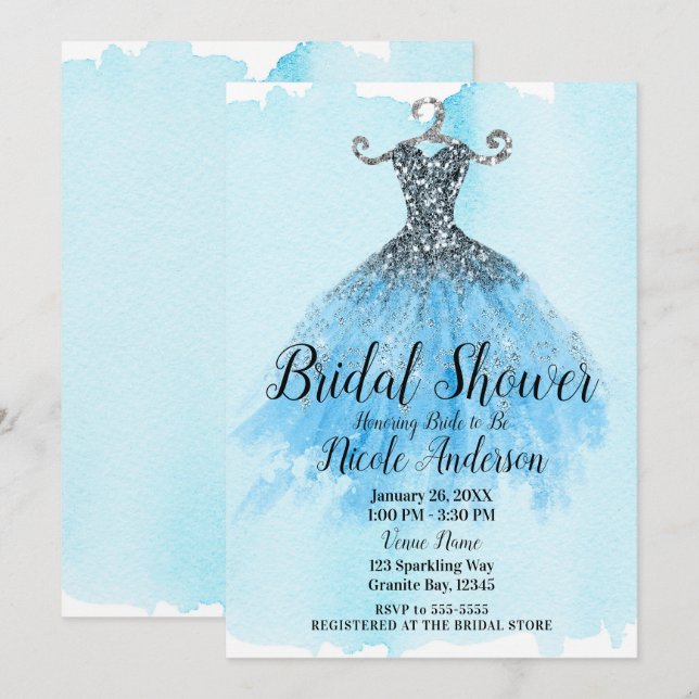 Invitación Purpurina azul y plateado Sparkle Vestido Bridal S (Anverso / Reverso)
