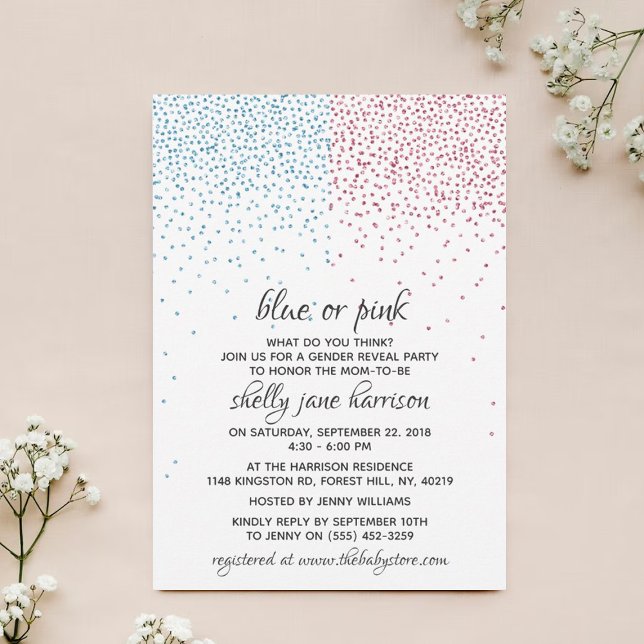 Invitación Purpurina azul y rosa contrafetti Fiesta de revela (Subido por el creador)