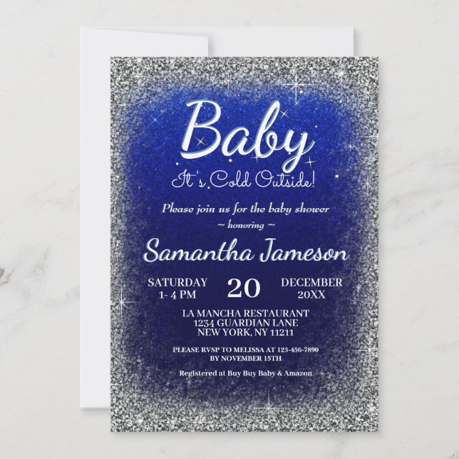 Invitación Purpurina Baby Shower Blue Silver de Winter Baby B (Anverso)