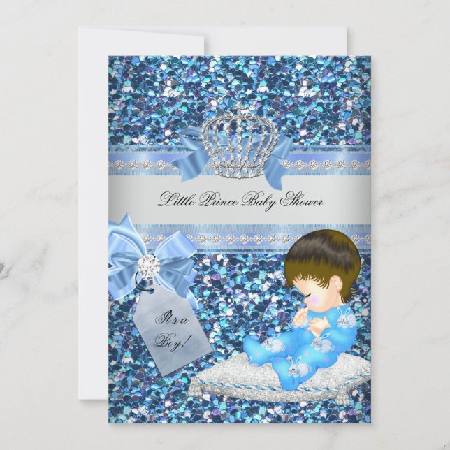 Invitación Purpurina Baby Shower Boy Blue Little Prince Crown (Anverso)