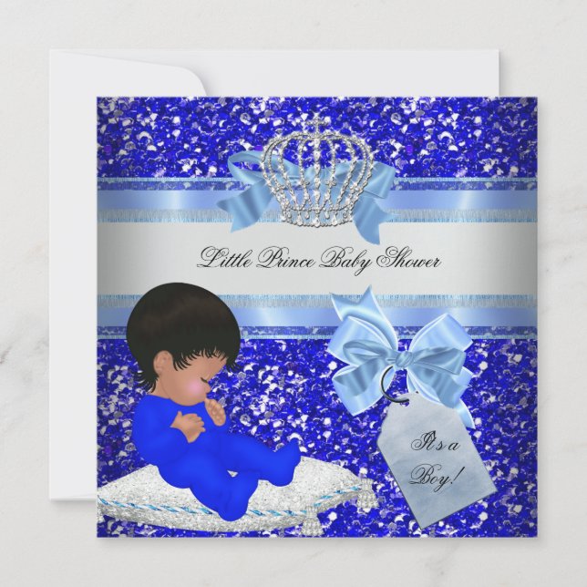 Invitación Purpurina Baby Shower Boy Blue Little Prince Crown (Anverso)