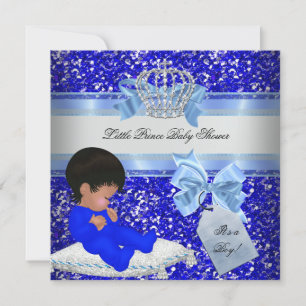 Invitación Purpurina Baby Shower Boy Blue Little Prince Crown