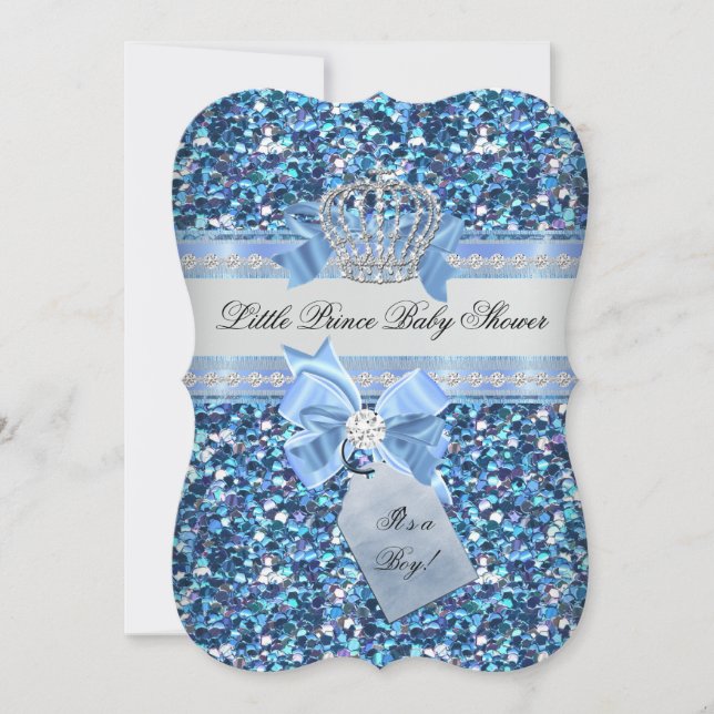 Invitación Purpurina Baby Shower Boy Blue Little Prince Crown (Anverso)