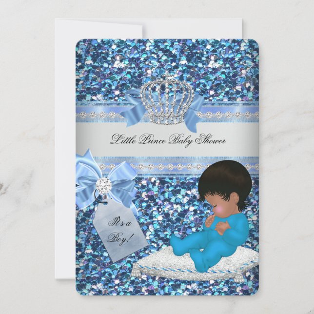 Invitación Purpurina Baby Shower Boy Blue Little Prince Crown (Anverso)