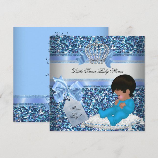 Invitación Purpurina Baby Shower Boy Blue Little Prince Crown (Anverso / Reverso)