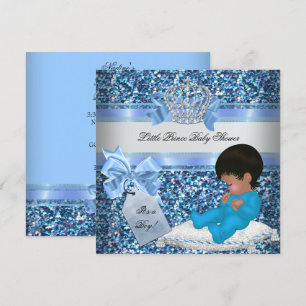Invitación Purpurina Baby Shower Boy Blue Little Prince Crown