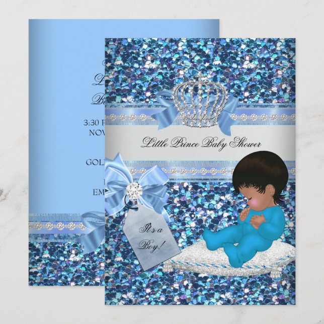 Invitación Purpurina Baby Shower Boy Blue Little Prince Crown (Anverso / Reverso)