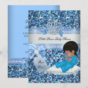 Invitación Purpurina Baby Shower Boy Blue Little Prince Crown