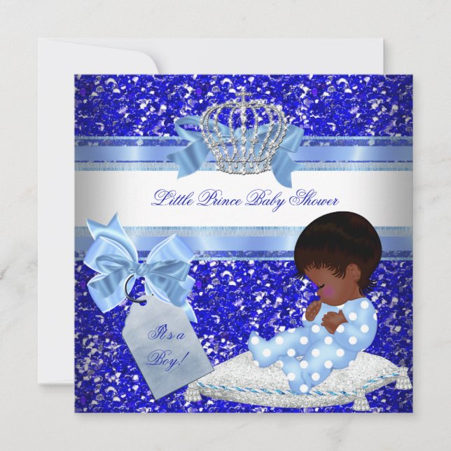 Invitación Purpurina Baby Shower Boy Blue Little Prince Etnia (Anverso)