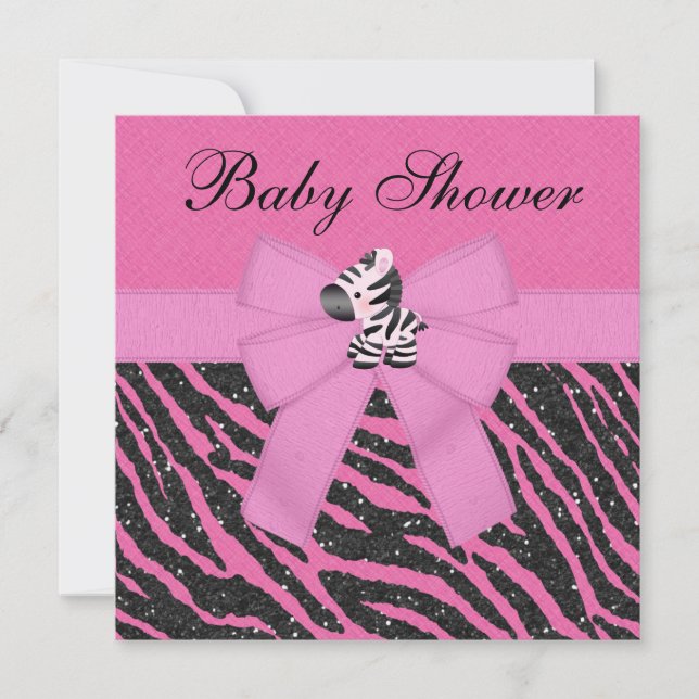 Invitación Purpurina Baby Shower de imitación rosa de cebra y (Anverso)