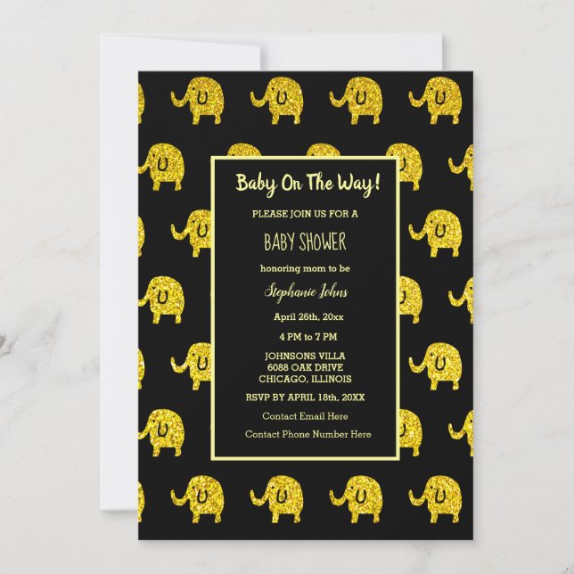 Invitación Purpurina Baby Shower Elephant Animal Gold Black (Anverso)