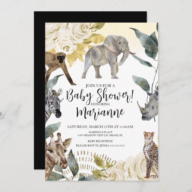 Invitación Purpurina Baby Shower Faux Gold para animales salv (Anverso / Reverso)