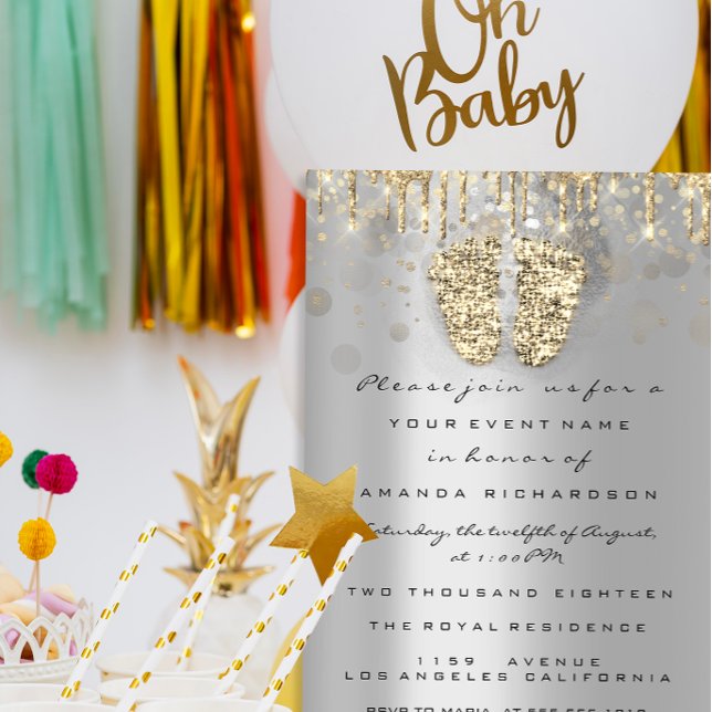 Invitación Purpurina  Baby Shower Feet Gold Gray Chica Boy (Drips Glitter Baby Shower Feet Gold Gray Girl Boy Invitation)