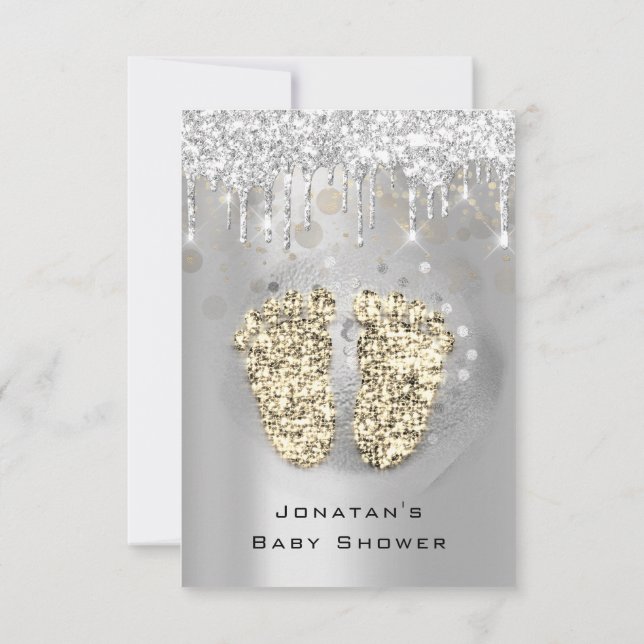 Invitación Purpurina  Baby Shower Feet Gold Gray Chica Boy (Reverso)