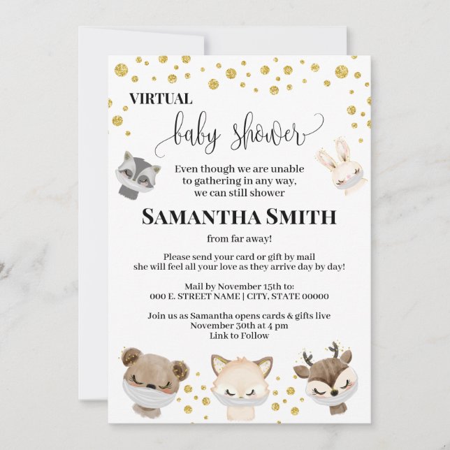 Invitación Purpurina Baby Shower Gold virtual para animales f (Anverso)