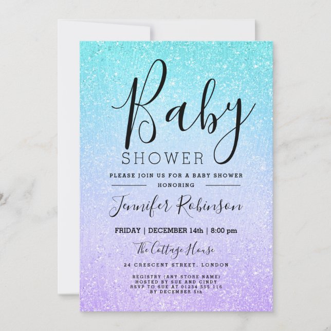 Invitación Purpurina Baby Shower morado y turquesa pinta (Anverso)