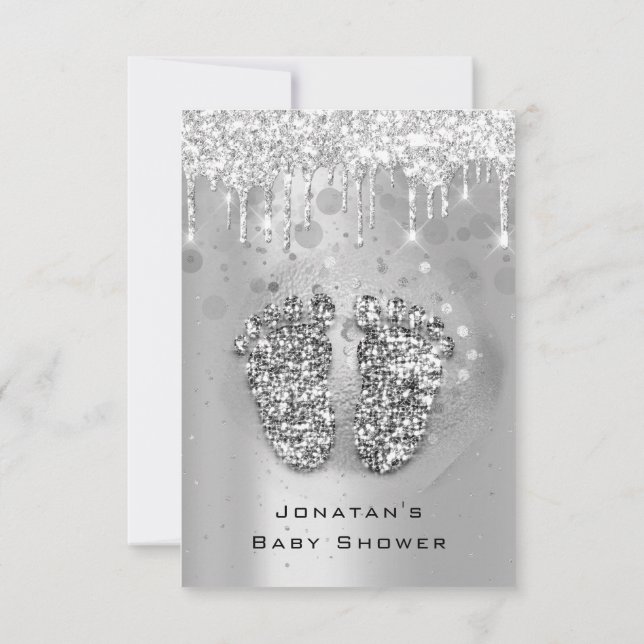 Invitación Purpurina  Baby Shower pies Silver Chica Gris (Reverso)
