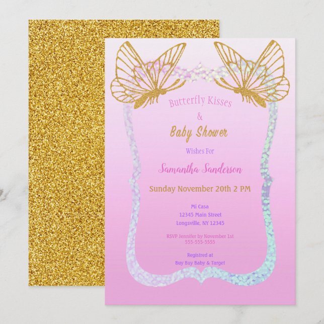 Invitación Purpurina Baby Shower Pink and Gold (Anverso / Reverso)