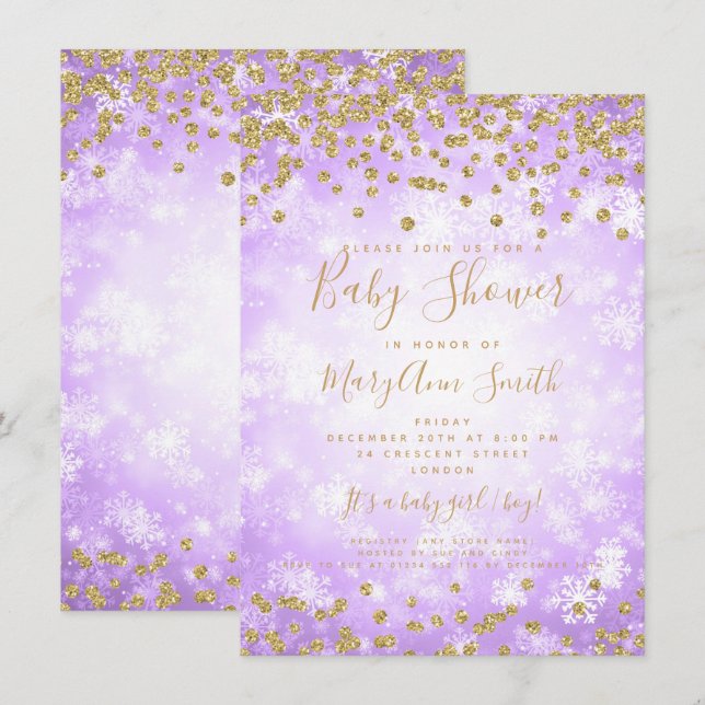 Invitación Purpurina Baby Shower Purple Gold Winter Wonderlan (Anverso / Reverso)