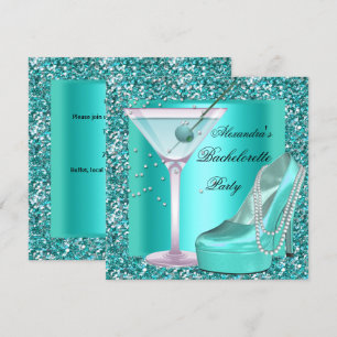 Invitación Purpurina Bachelorette Party Aqua Verde azulada Bl