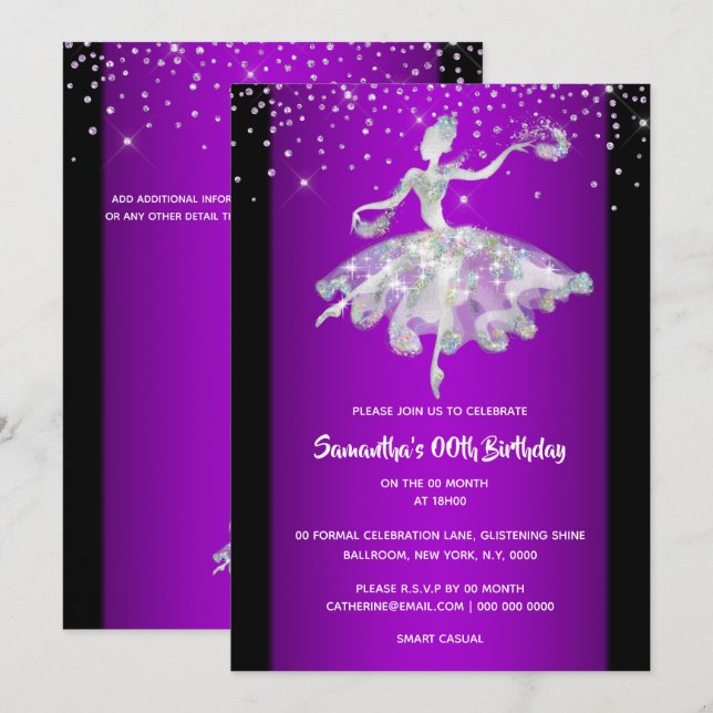 Invitación Purpurina bailarina fiesta de chicas púrpura (Anverso / Reverso)