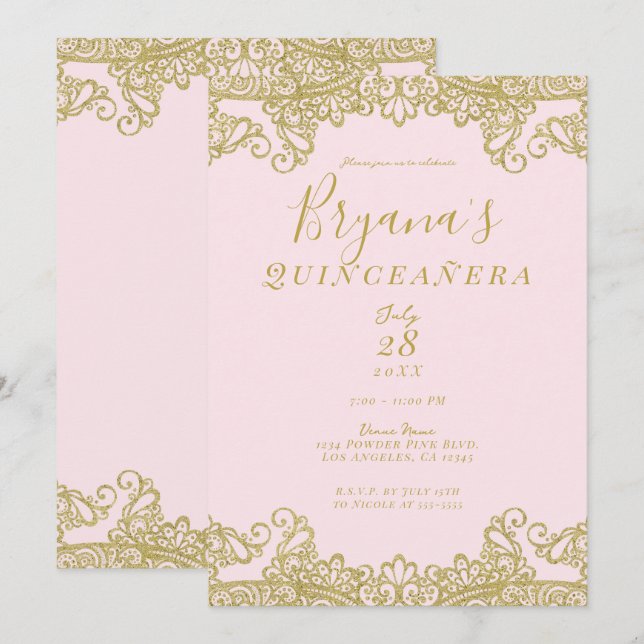 Invitación Purpurina Ballerina Pink Gold Lace Quinceañera (Anverso / Reverso)
