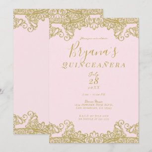 Invitación Purpurina Ballerina Pink Gold Lace Quinceañera