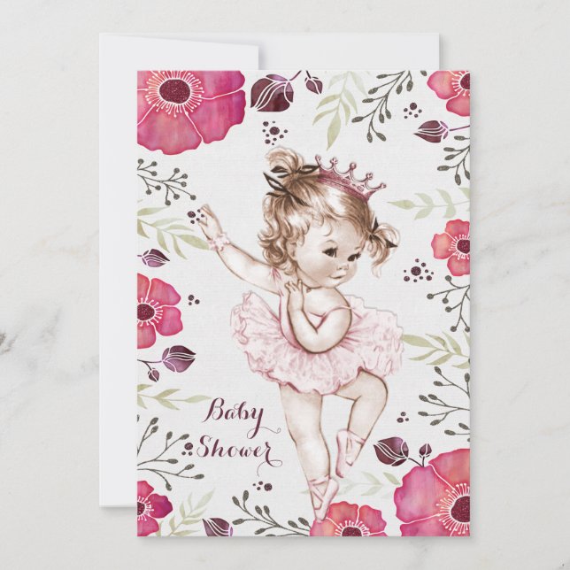 Invitación Purpurina Ballerina Watercolor Poppies Baby Shower (Anverso)