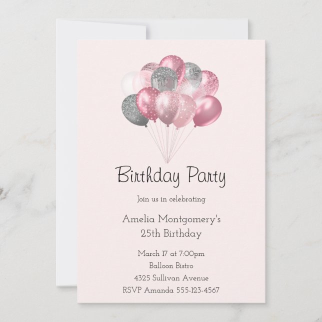 Invitación Purpurina Balloon Bunch Pink and Silver Cumpleaños (Anverso)