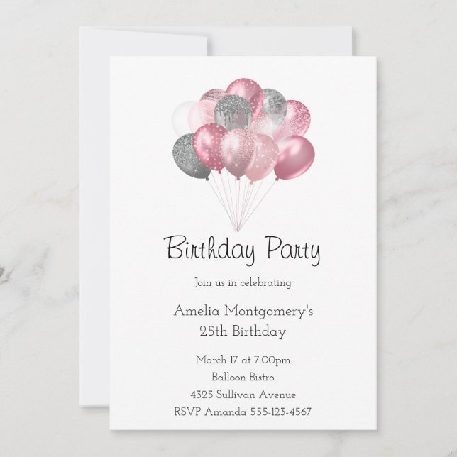 Invitación Purpurina Balloon Bunch Pink and Silver Cumpleaños (Anverso)