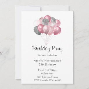 Invitación Purpurina Balloon Bunch Pink and Silver Cumpleaños