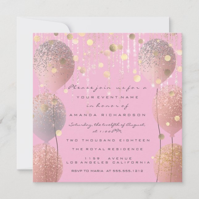 Invitación Purpurina Balloons Rosa Bridal Sweet 16th Pink (Anverso)