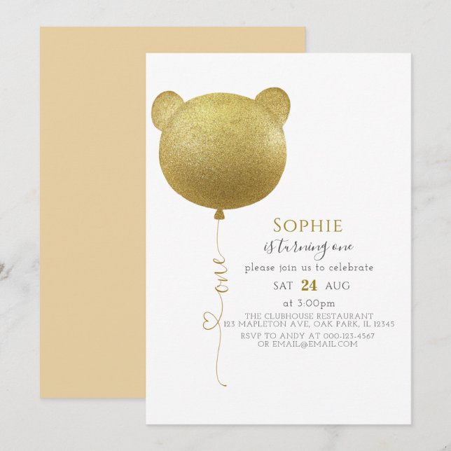 Invitación Purpurina Balón de Oro Teddy Bear Primer Cumpleaño (Anverso / Reverso)