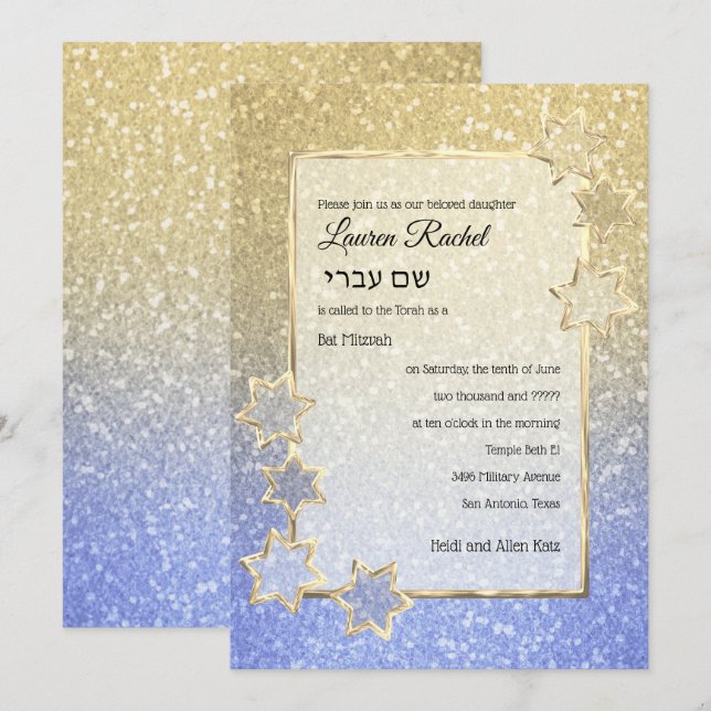 Invitación Purpurina Bat Mitzvah Gold Star Gold Blue Ombre (Anverso / Reverso)