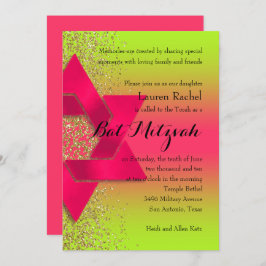 Invitación Purpurina Bat Mitzvah Ombre Verde Rosa Faux Gold