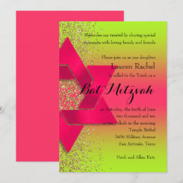 Invitación Purpurina Bat Mitzvah Ombre Verde Rosa Faux Gold