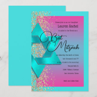 Invitación Purpurina Bat Mitzvah Turquoise Pink Ombre Faux Go