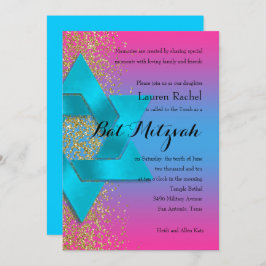 Invitación Purpurina Bat Mitzvah Turquoise Pink Ombre Faux Go