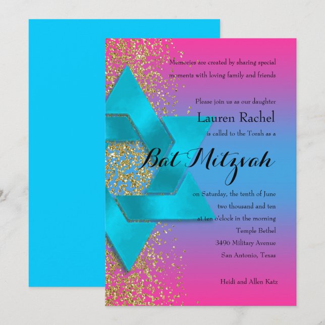 Invitación Purpurina Bat Mitzvah Turquoise Pink Ombre Faux Go (Anverso / Reverso)