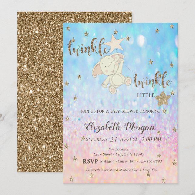 Invitación Purpurina Bear Twinkle Little Star Bokeh Baby Show (Anverso / Reverso)