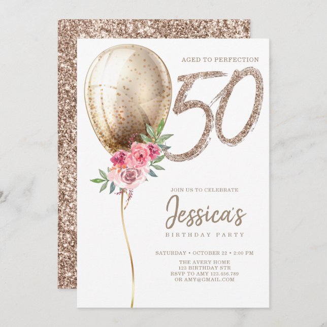 Invitación Purpurina Beige de Lujo Balón 50 cumpleaños (Anverso / Reverso)