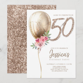 Invitación Purpurina Beige de Lujo Balón 50 cumpleaños